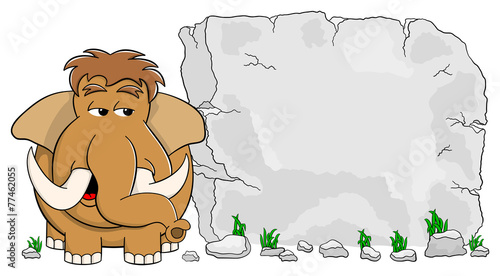 Mammut vor Steintafel mit Textfreiraum