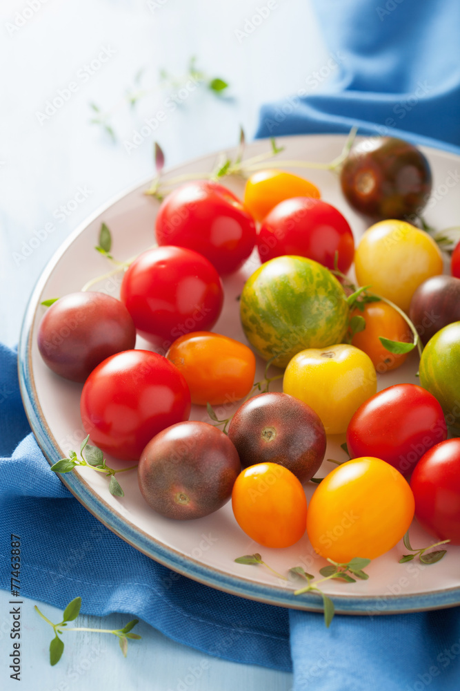 colorful tomatoes in plate on blue background colorful tomatoes in plate on blue background