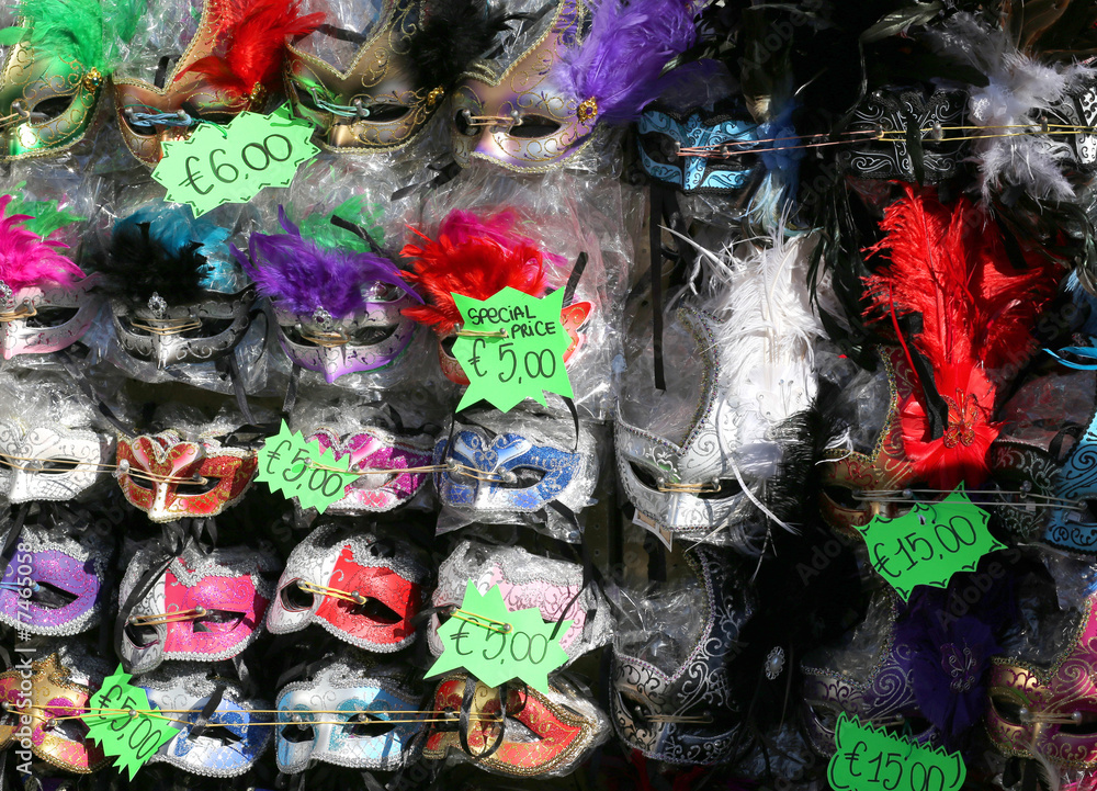 masks for sale in a stand in St Mark square venice