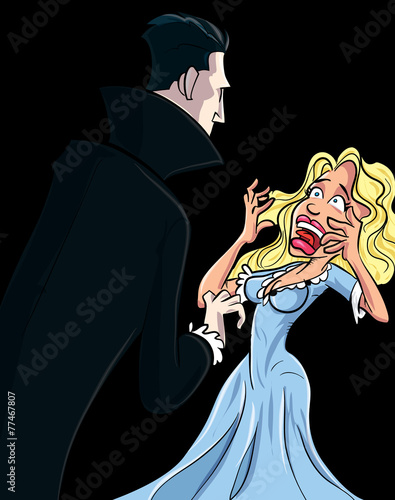 Cartoon Dracula attacking woman