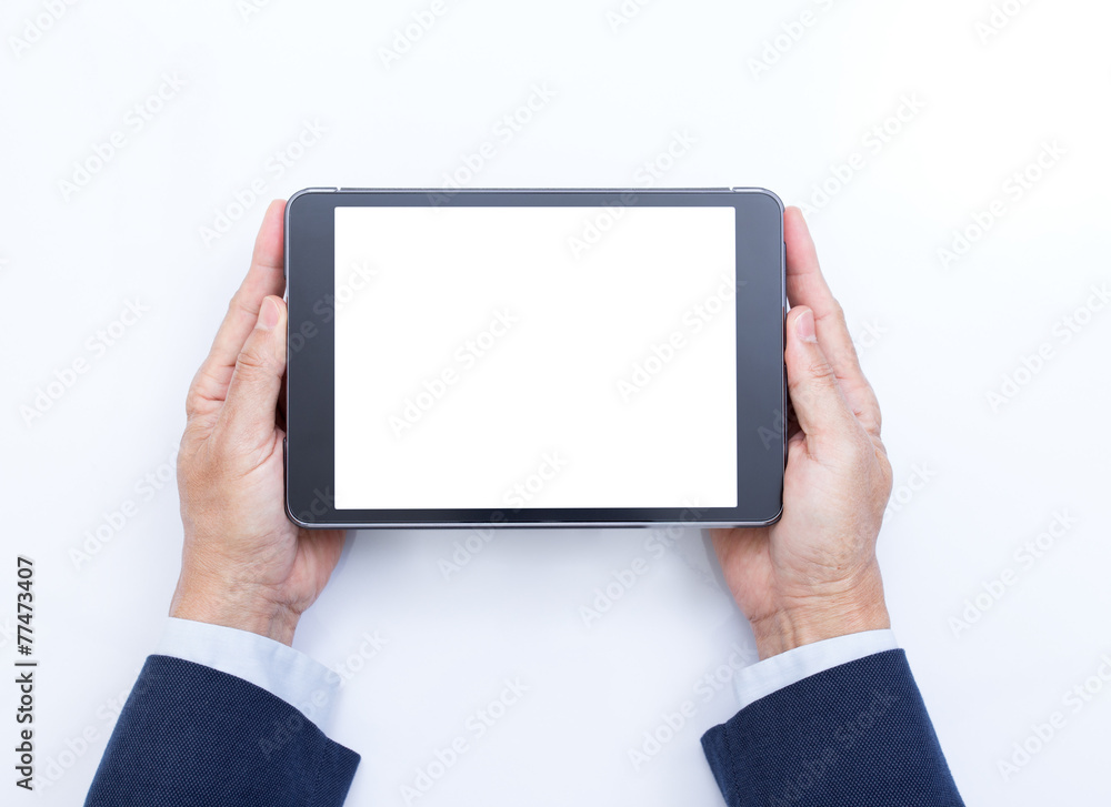 Businessman hands holding digital tablet computer on white backg Businessman hands holding digital tablet computer on white backg