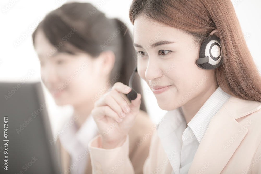 Asian women call center with phone headset