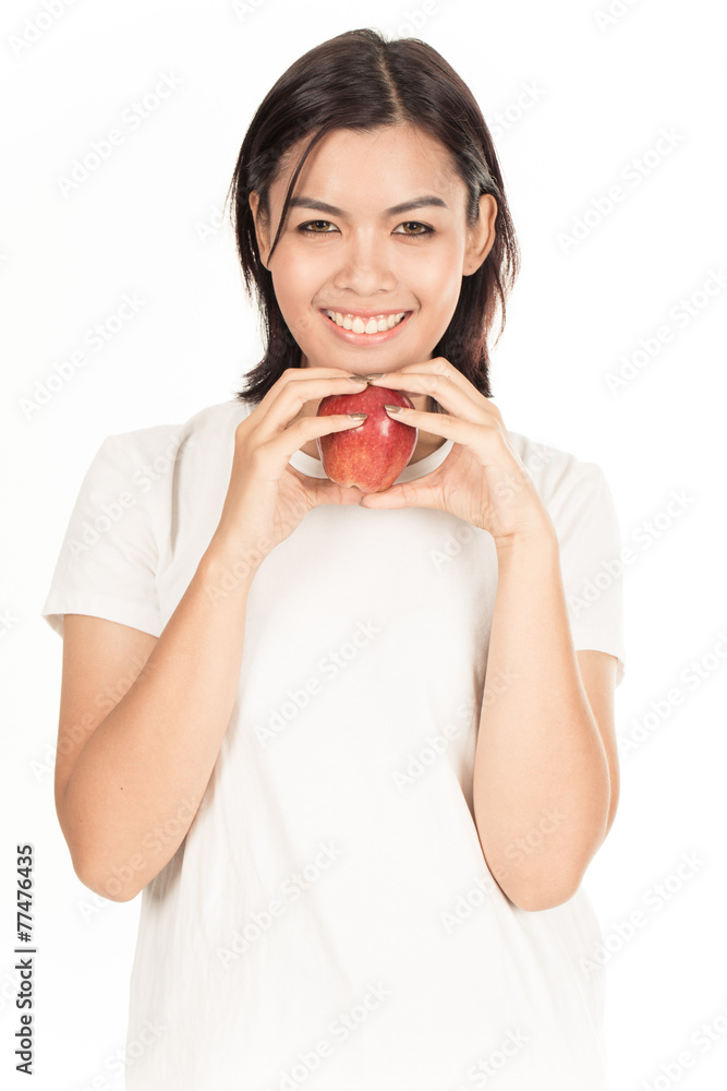 Smiling woman with apple isolated on white Smiling woman with apple isolated on white