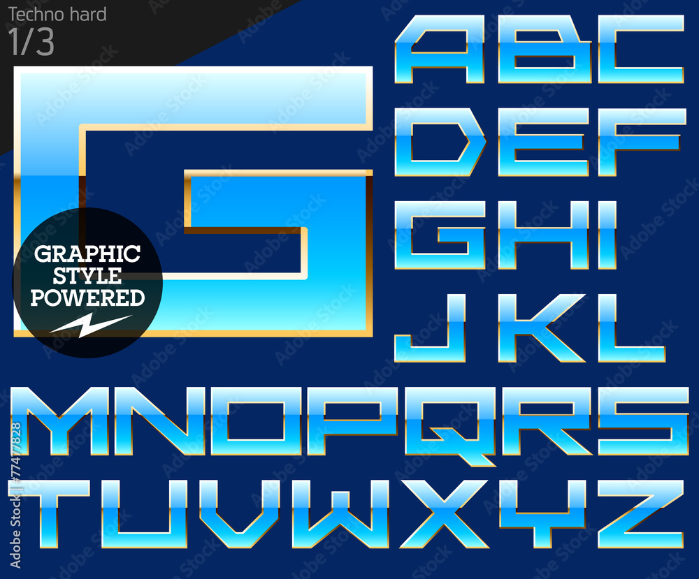Blue alphabet with golden border. Techno hard 1 Blue alphabet with golden border. Techno hard 1
