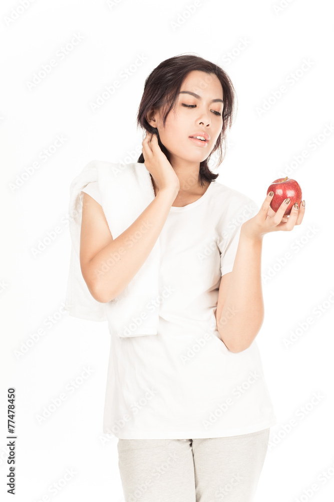 Smiling woman with apple isolated on white Smiling woman with apple isolated on white
