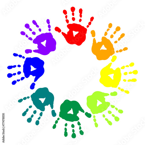 Bright postcard with colorful handprints
