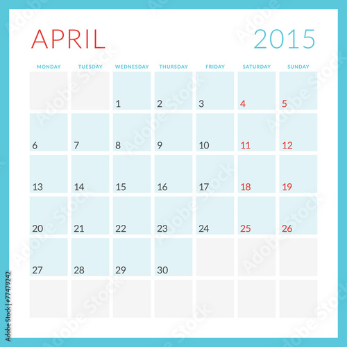 Calendar 2015. April. Week starts Monday