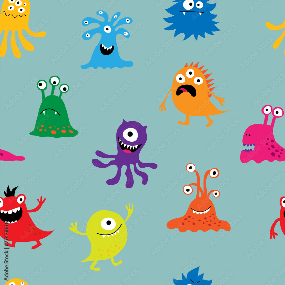 Seamless background with multi-colored funny characters