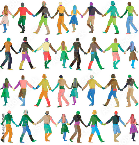 silhouettes of people holding hands, rainbow colors, pattern