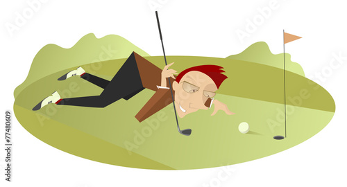 Smiling golfer is aiming to the hole