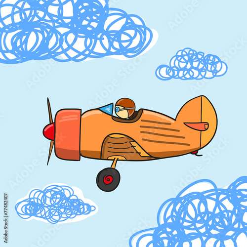 Airplane in the cloud sky with pilot. Vector illustration