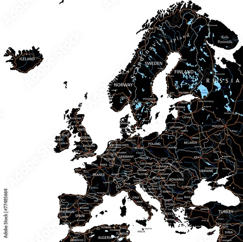 High detailed Europe road map with labeling - Black.