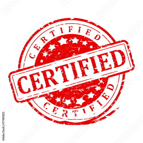 Damaged round red stamp with inscription - Certified - vector