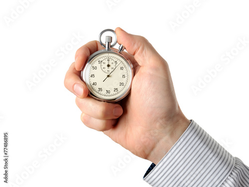 Closeup of hand holding stopwatch, isolated on white background