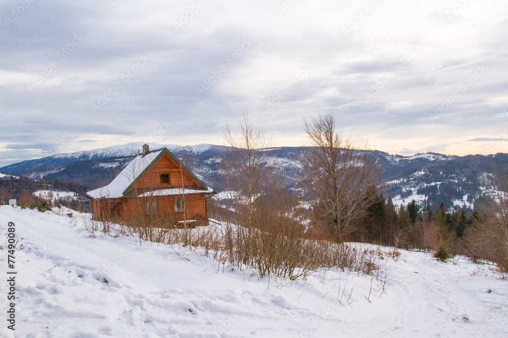 Mountain cottage  in winter.  Silesian Beskids Mountains, Poland