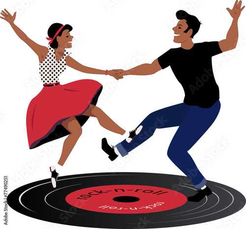 Rockabilly couple dancing on a vinyl record