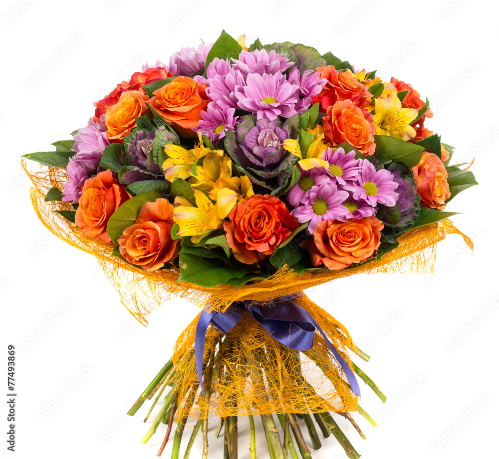 Beautiful bouquet of colorful flowers isolated on white background - obrazy, fototapety, plakaty 