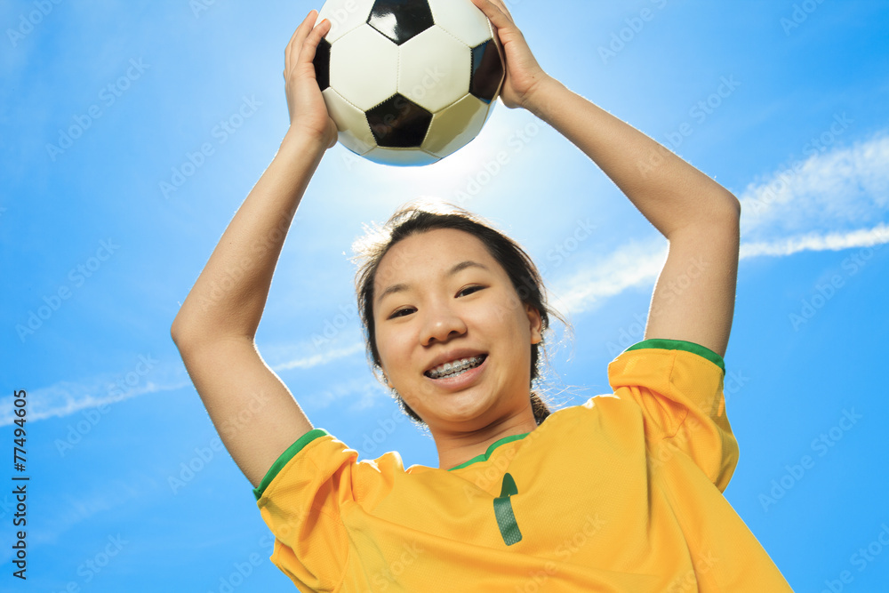 Portrait of young Asian girl with soccer ball. Portrait of young Asian girl with soccer ball.