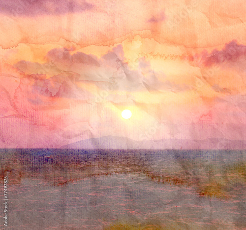 retro watercolor sunset at sea