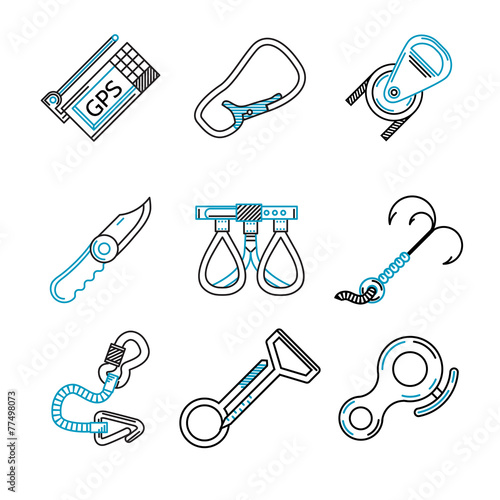 Flat line icons for rock climbing equipment