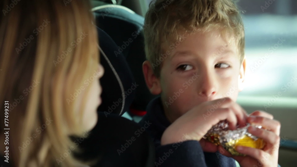 two young, cheerful children who are having fun back in the car, while driving in a car to a certain destination two young, cheerful children who are having fun back in the car, while driving in a car to a certain destination