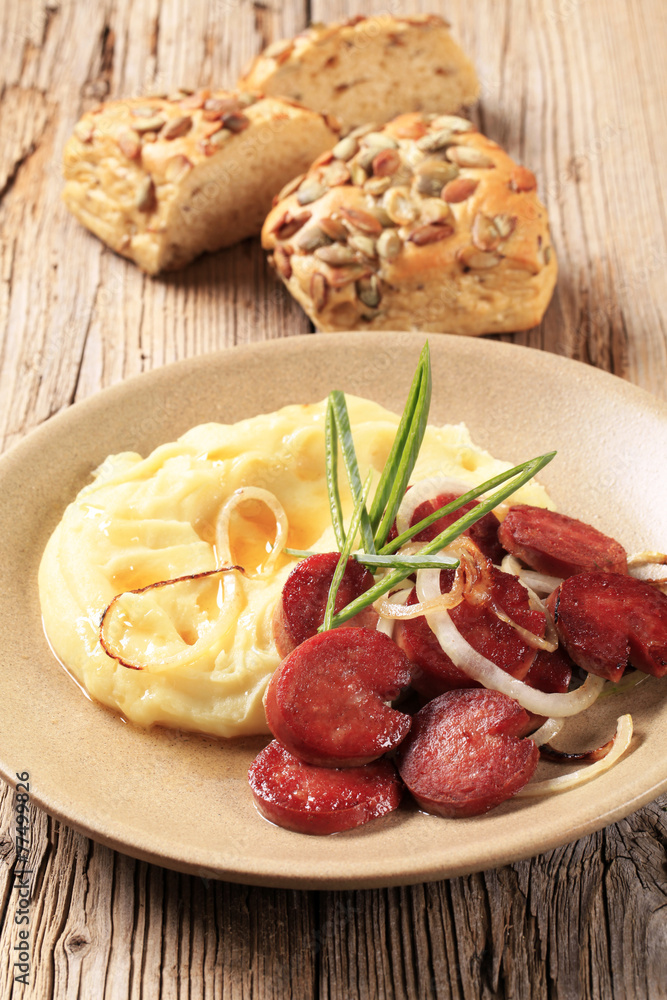 Mashed potato and roasted sausage