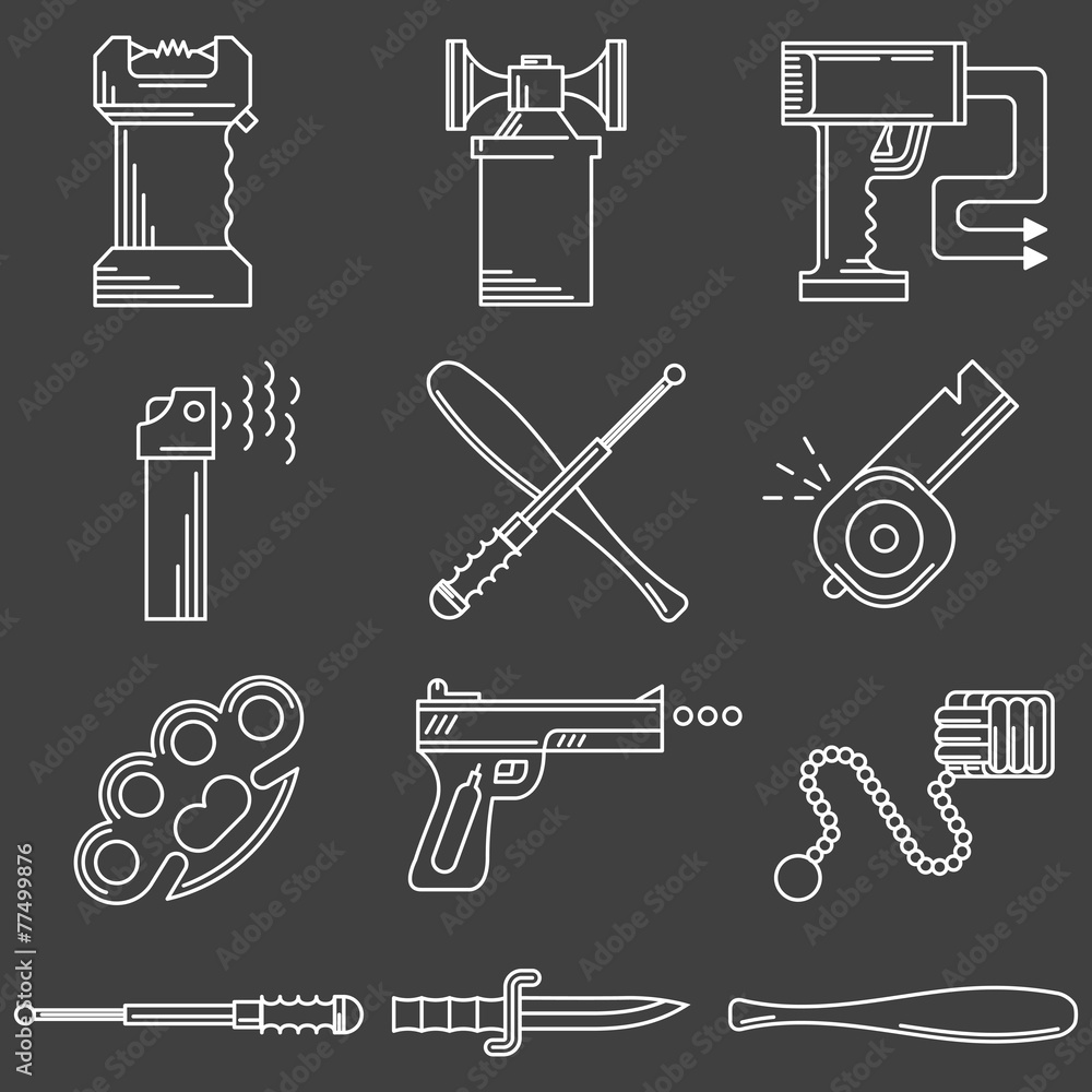 Flat line icons vector collection of self-defense accessory Flat line icons vector collection of self-defense accessory