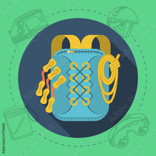 Flat design vector illustration for rock climbing. Rucksack