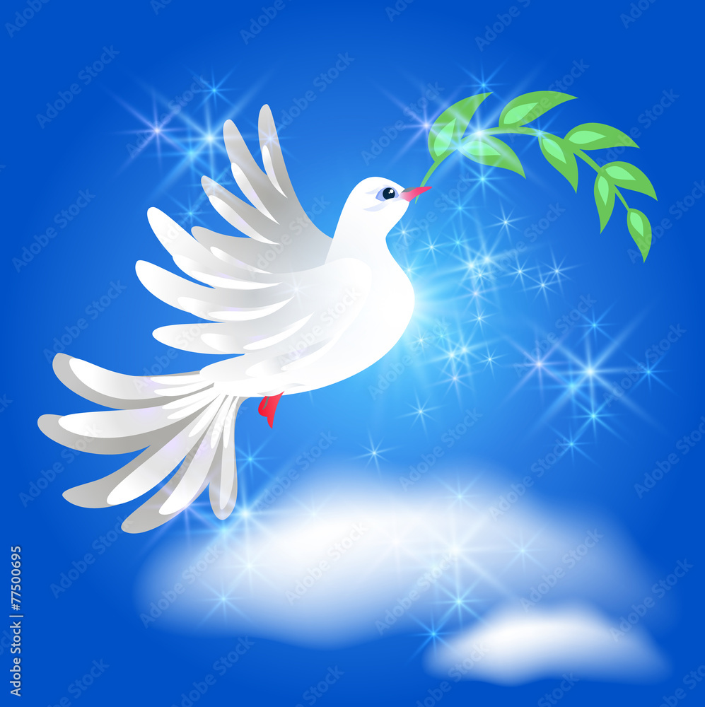 Flying dove with branch in the sky Flying dove with branch in the sky