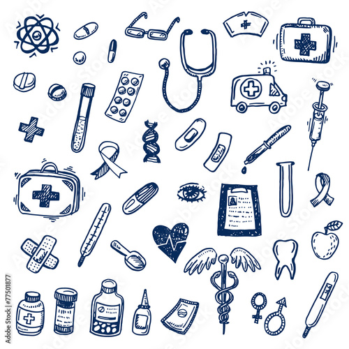 Hand drawn healthcare and medicine doodle icons set