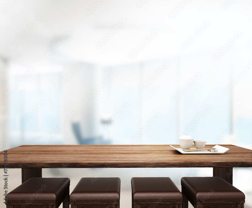 Fototapeta premium Wood Table Top Background In Office 3d render