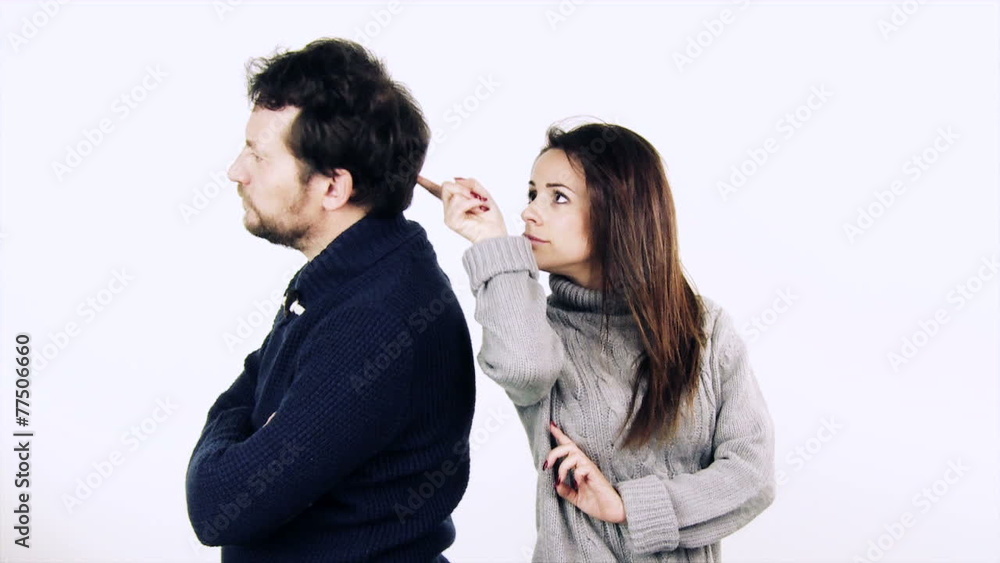 Woman annoying disturbing boring man isolated Woman annoying disturbing boring man isolated