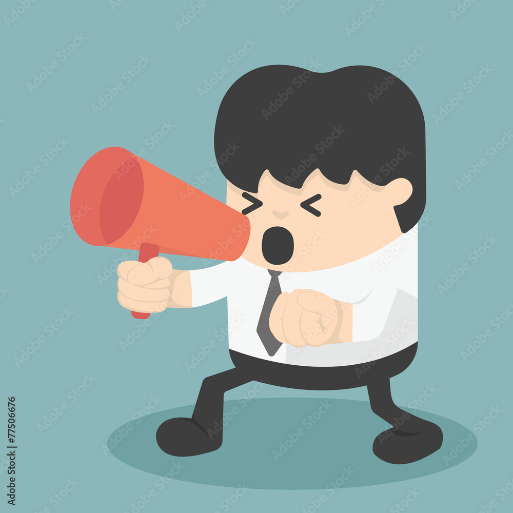businessman with clenched fist screaming into a megaphone businessman with clenched fist screaming into a megaphone
