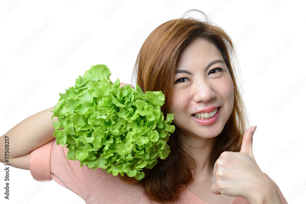 smile asian woman give thumb to hydroponics green oak vegetable smile asian woman give thumb to hydroponics green oak vegetable