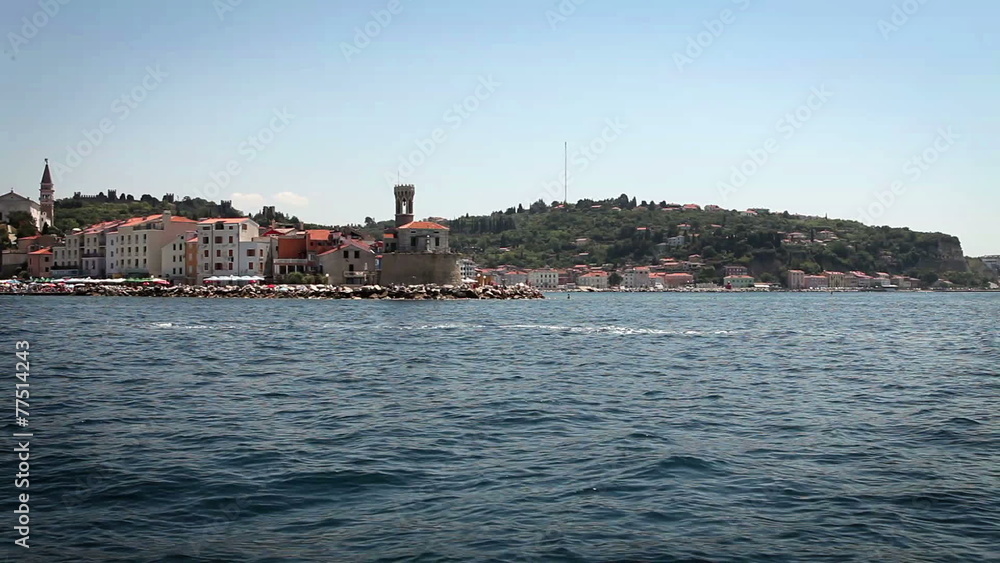 Shot of the sailing boat that is passing near Piran Shot of the sailing boat that is passing near Piran