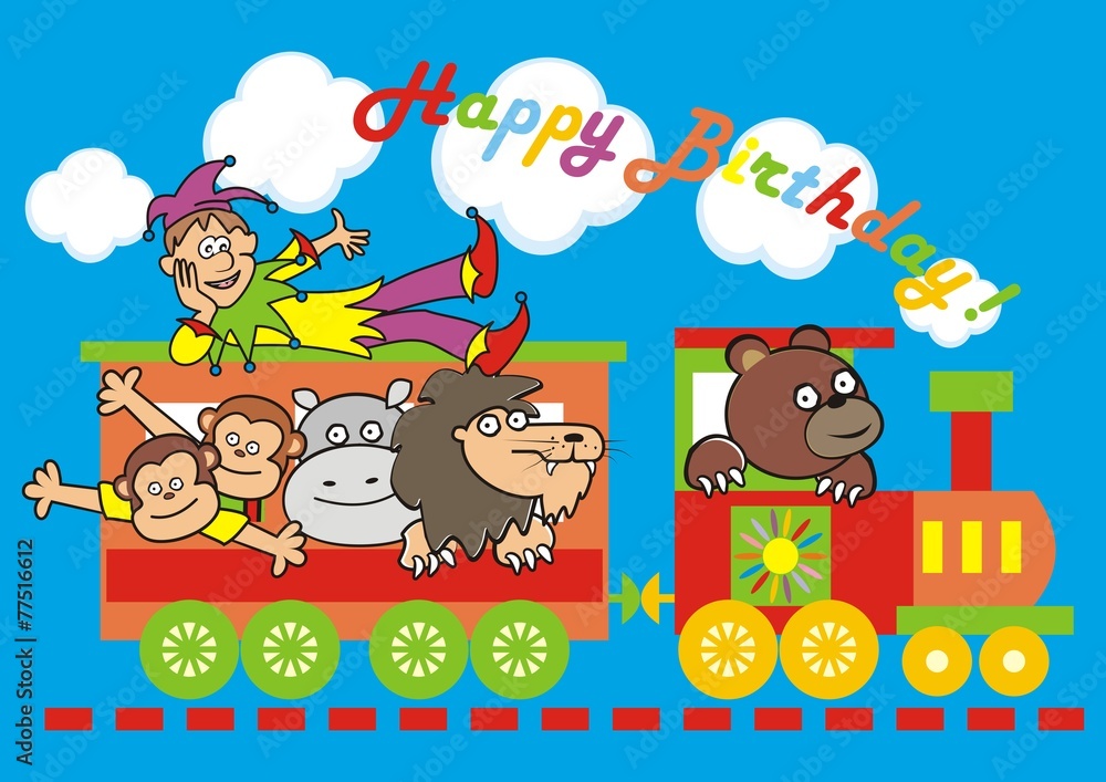 Naklejka premium locomotive and animals, birthday