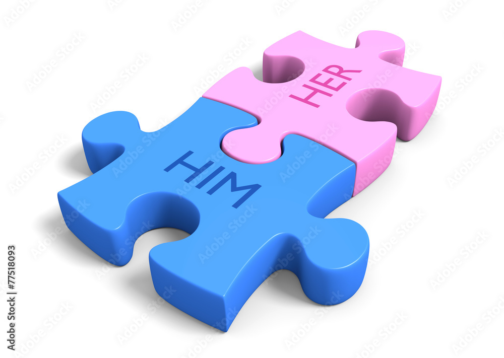 Obraz premium Matchmaking concept of puzzle pieces with the words him and her