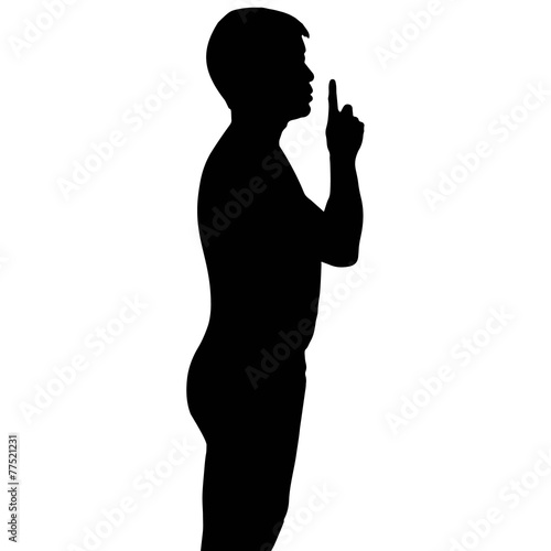 Silhouette man with finger on lips asking for silence