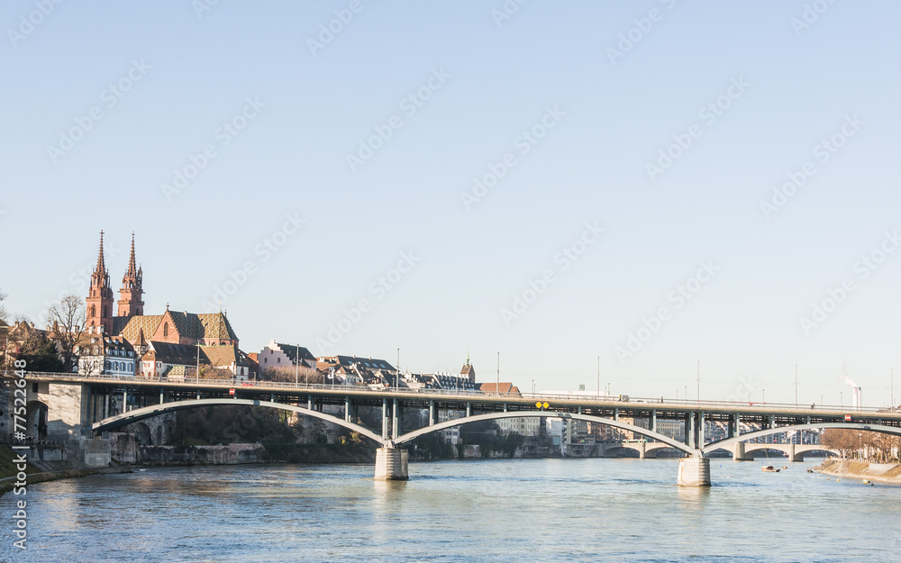Basel, Stadt, Altstadt, Basel-Stadt, Wettsteinbrücke, Wettsteinplatz, Rhein, Rheinufer, Rheinfähre, Münster, Kirche, Winter, Schweiz