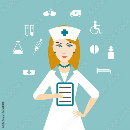 Nurse with medical icons. Flat design.