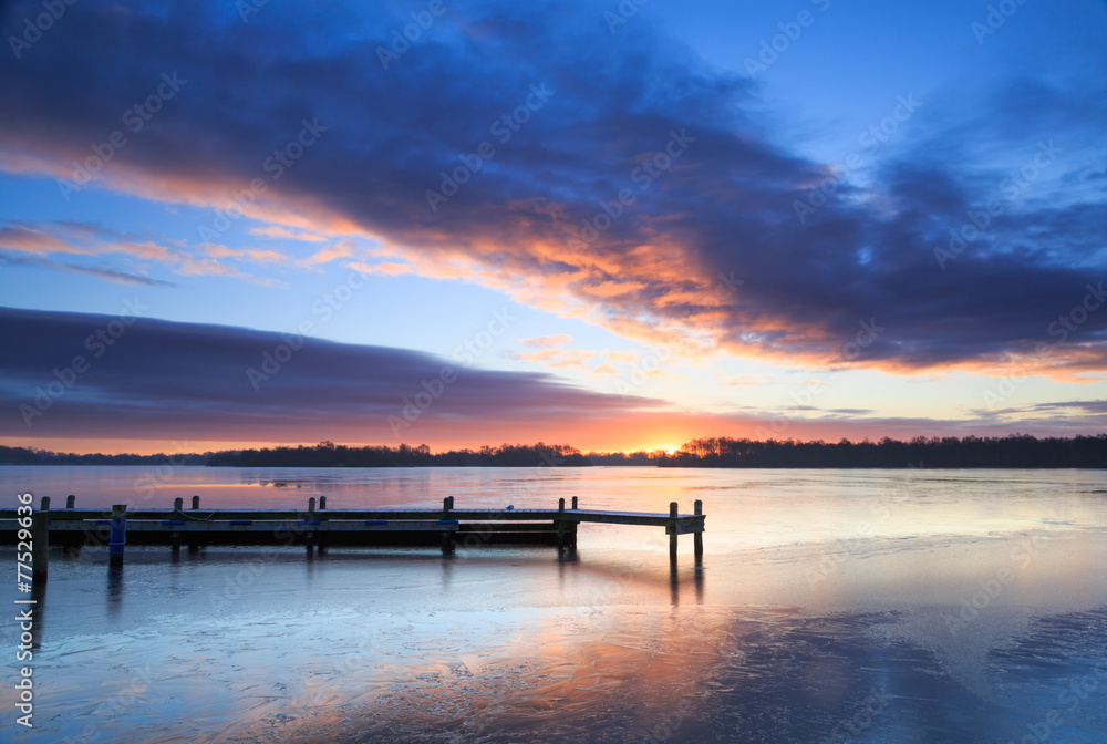 Colorful sunrise at a jetty on a winter day.