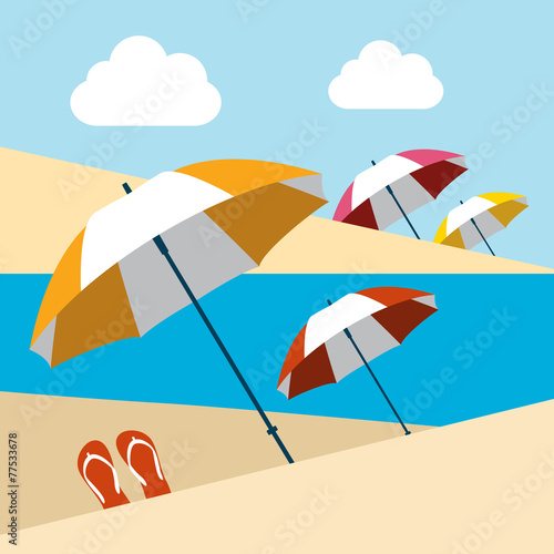 Summer beach with umbrellas. Flat design.
