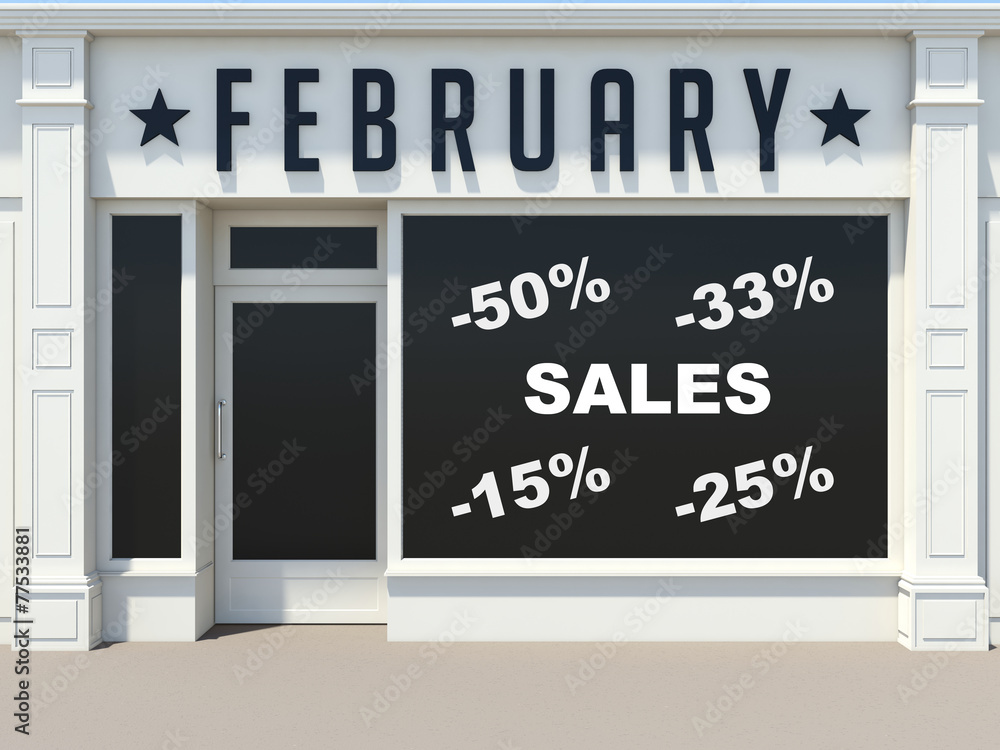 February sale in the shopping center. White store facade.