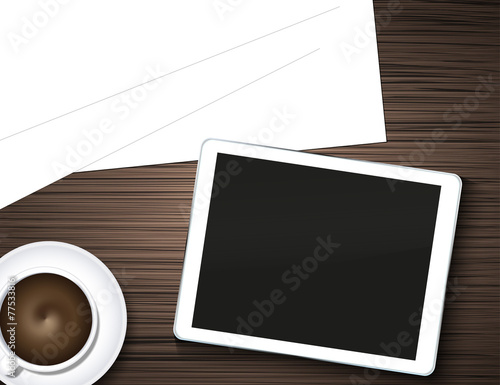 Vector computer tablet, coffee and blank page on wooden © MrP