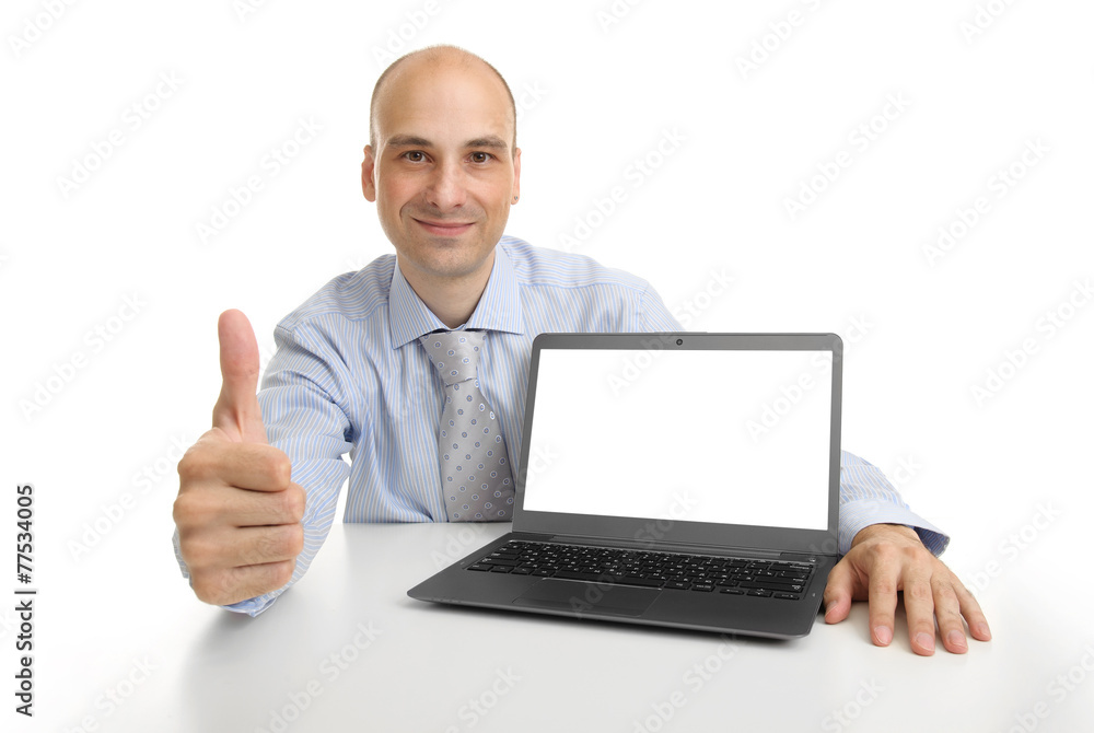 businessman showing laptop computer with blank screen businessman showing laptop computer with blank screen