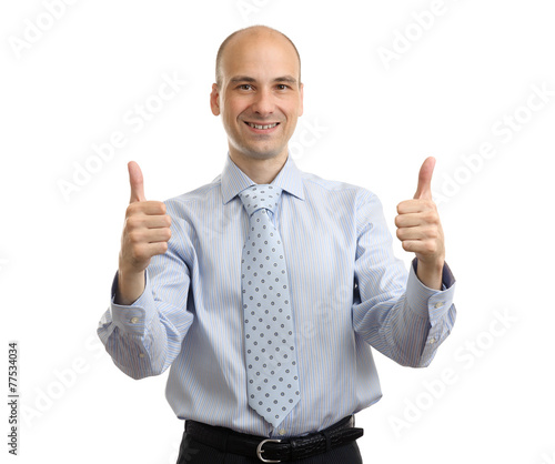 Happy smiling cheerful business man with thumbs up gesture