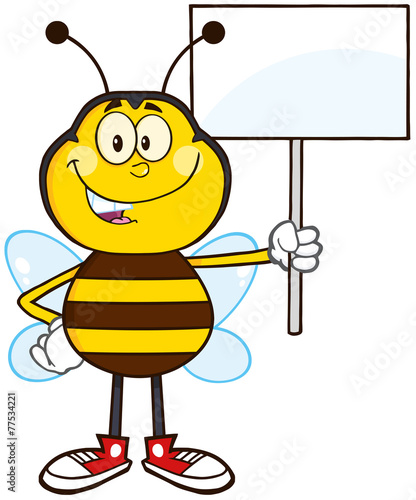 Bee Cartoon Mascot Character Holding Up A White Blank Sign