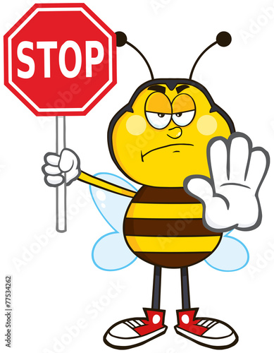 Angry Bee Cartoon Mascot Character Holding A Stop Sign