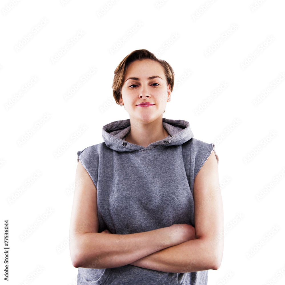 fitness woman in sport style standing against white background. fitness woman in sport style standing against white background.