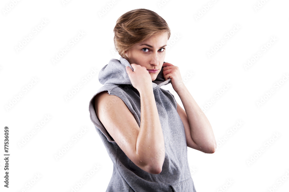 fitness woman in sport style standing against white background. fitness woman in sport style standing against white background.